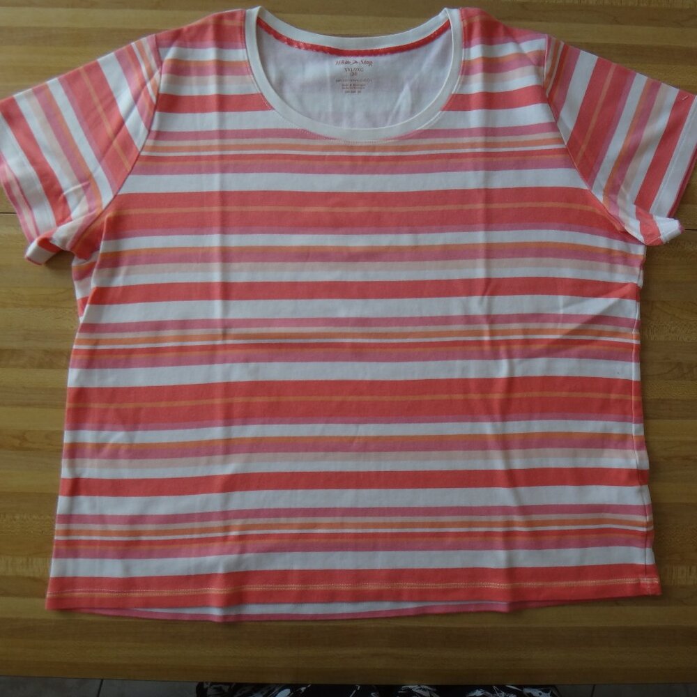 White stag pink striped scoop neck stretch short sleeve plus top 2X